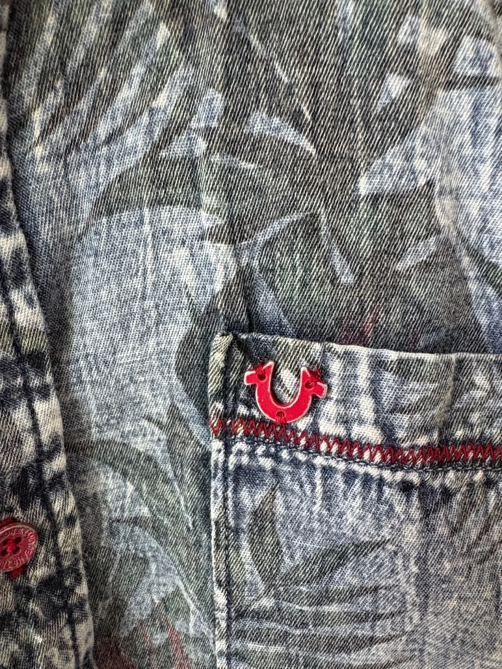 True Religion Palm Leaf Tropical Printed Denim Look Shirt Button Front Size XL